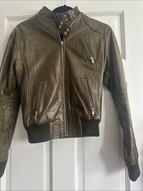 Olive Green Leather Bomber Jacket